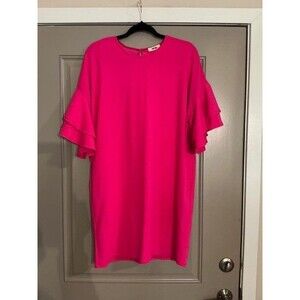 First Love "Eyes on Me" Hot Pink Boutique Shift Dress Sz L NWT Flutter Sleeves